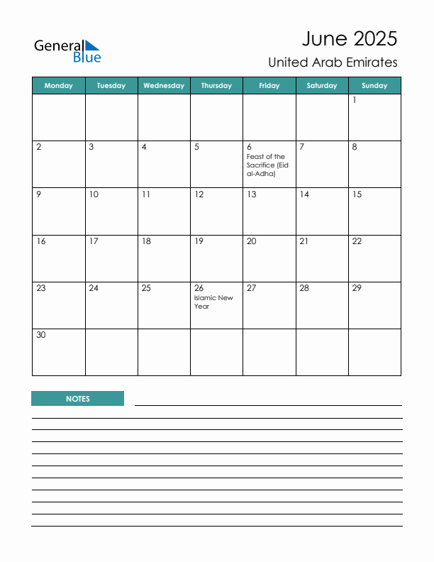 Calendar with Notes Printable - Monday Start