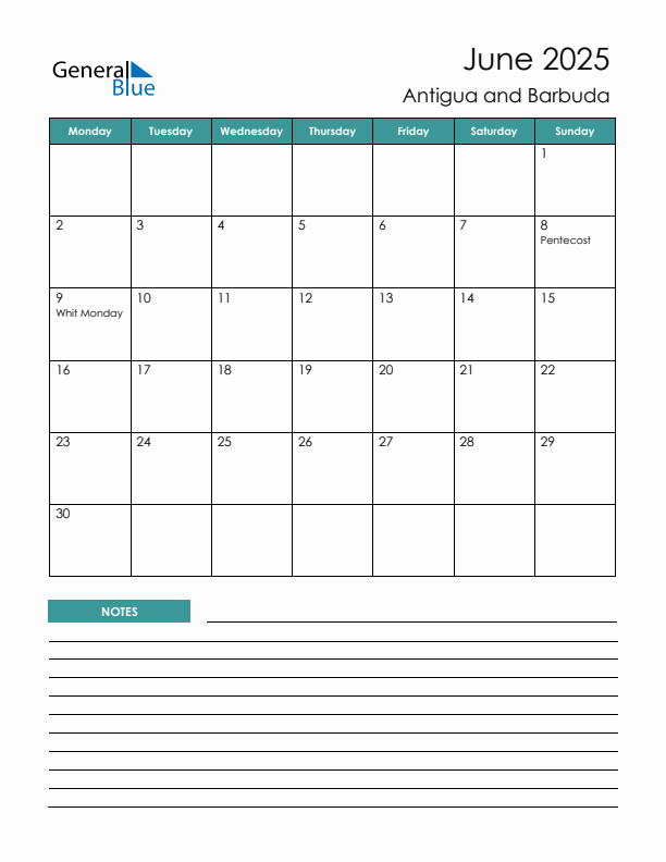 Calendar with Notes Printable - Monday Start