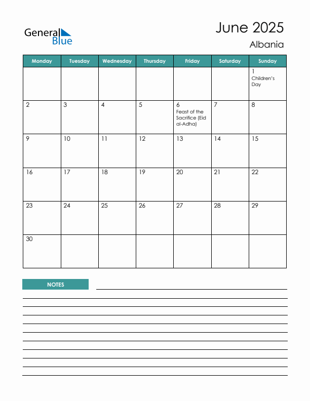 Calendar with Notes Printable - Monday Start