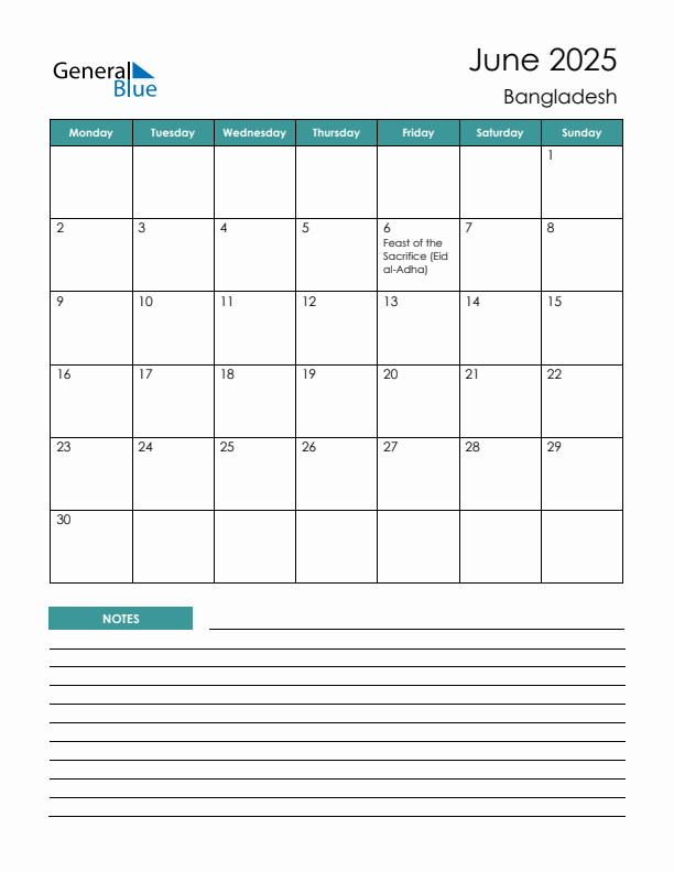 Calendar with Notes Printable - Monday Start