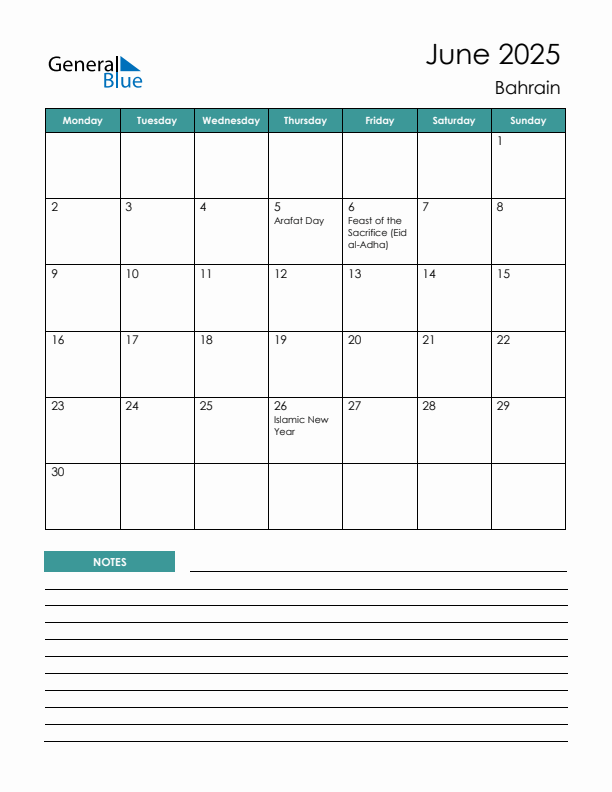 Calendar with Notes Printable - Monday Start