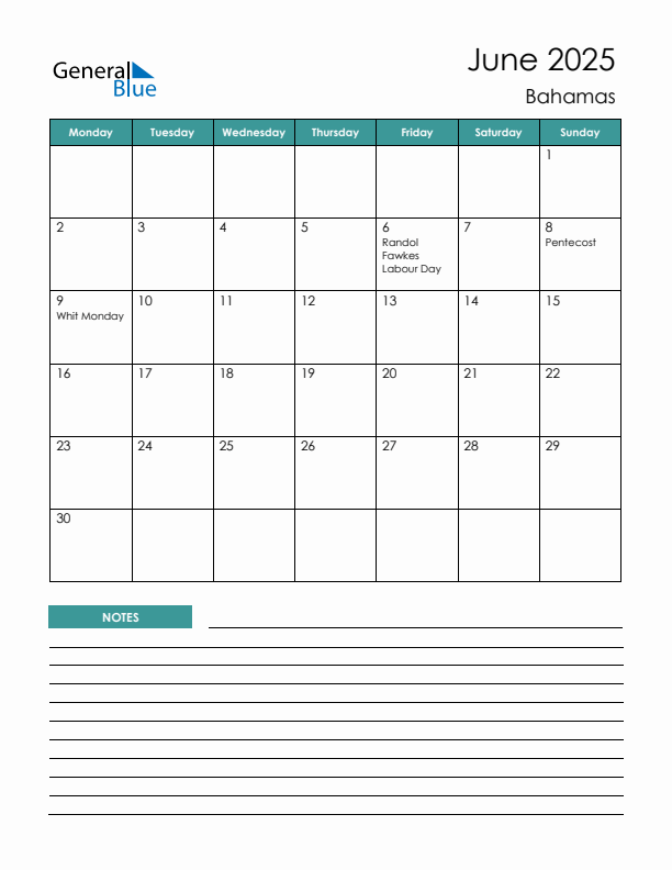 Calendar with Notes Printable - Monday Start