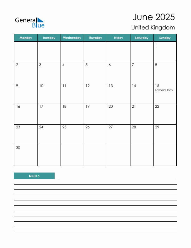 Calendar with Notes Printable - Monday Start