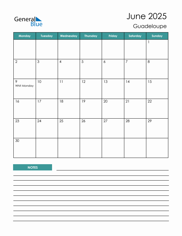 Calendar with Notes Printable - Monday Start