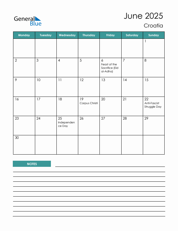 Calendar with Notes Printable - Monday Start