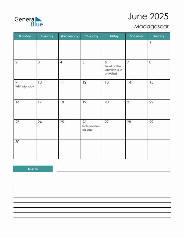 Calendar with Notes Printable - Monday Start