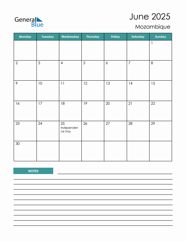 Calendar with Notes Printable - Monday Start