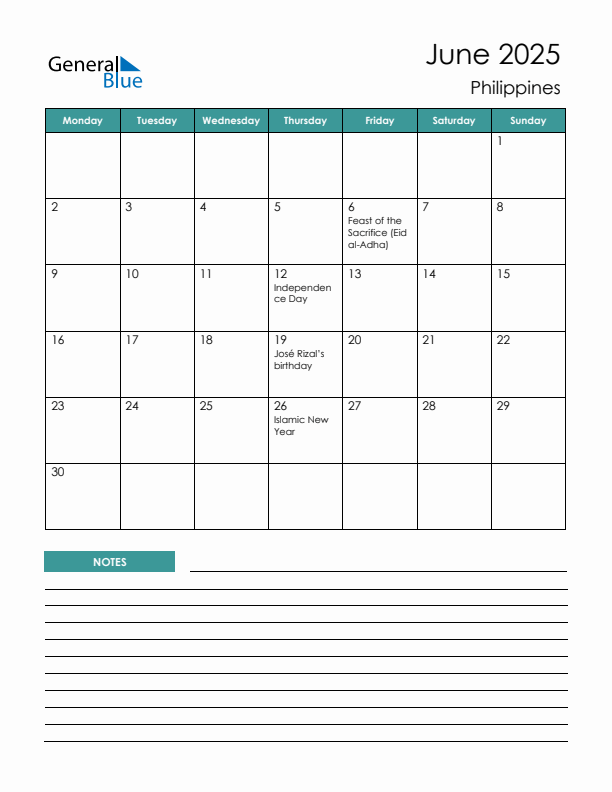 Calendar with Notes Printable - Monday Start