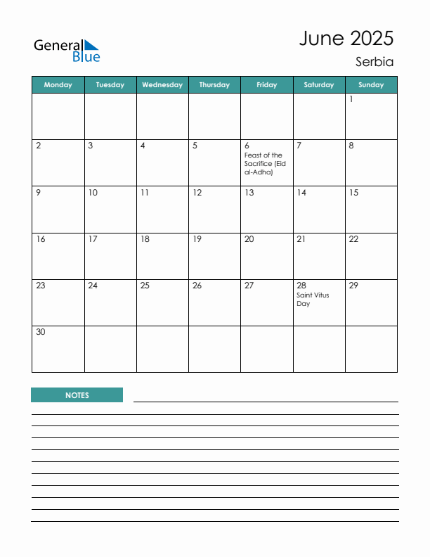 Calendar with Notes Printable - Monday Start