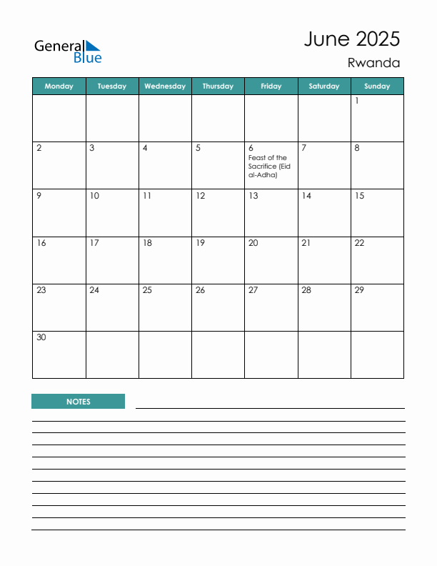 Calendar with Notes Printable - Monday Start