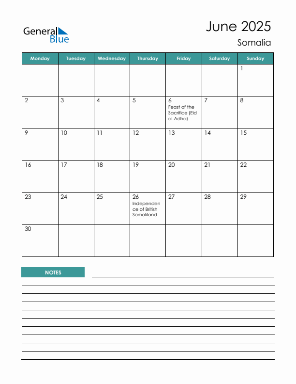 Calendar with Notes Printable - Monday Start