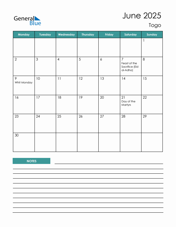 Calendar with Notes Printable - Monday Start