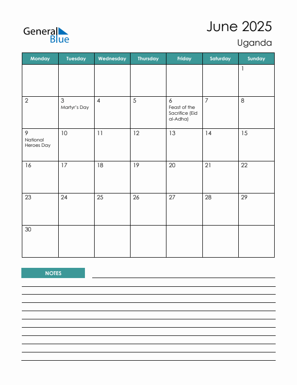 Calendar with Notes Printable - Monday Start