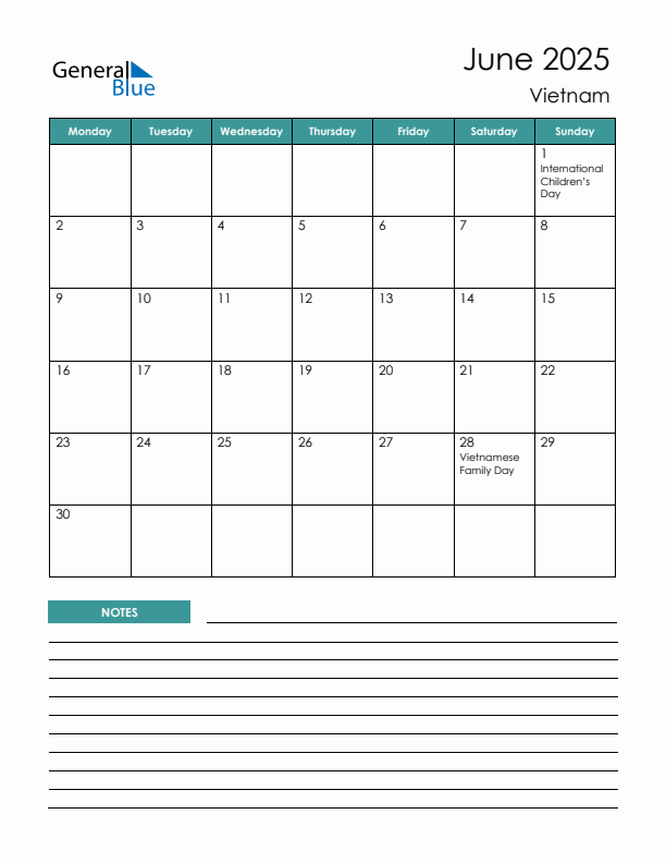 Calendar with Notes Printable - Monday Start