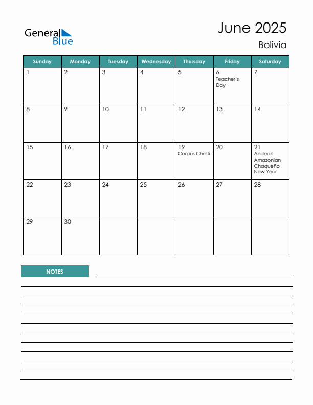 Calendar with Notes Printable - Sunday Start