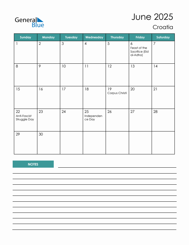 Calendar with Notes Printable - Sunday Start