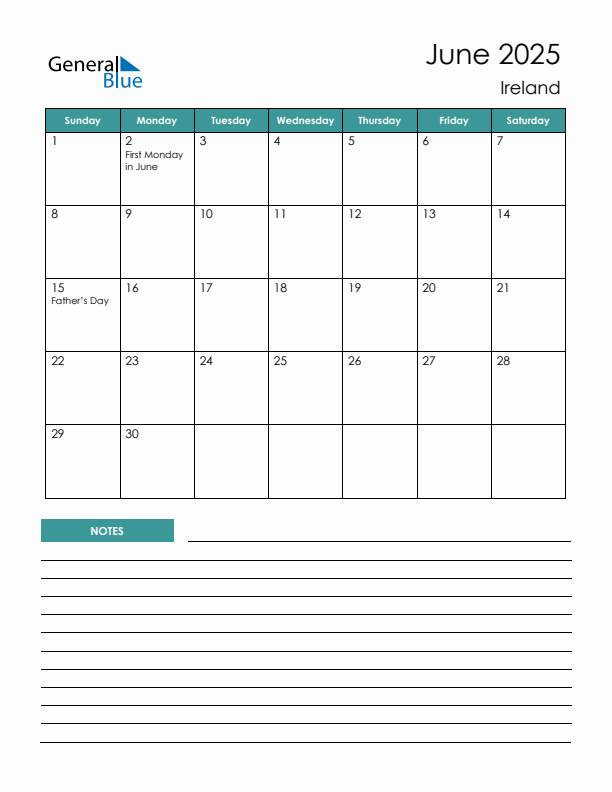 Calendar with Notes Printable - Sunday Start