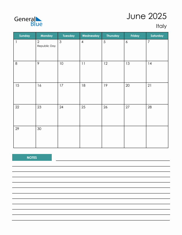 Calendar with Notes Printable - Sunday Start