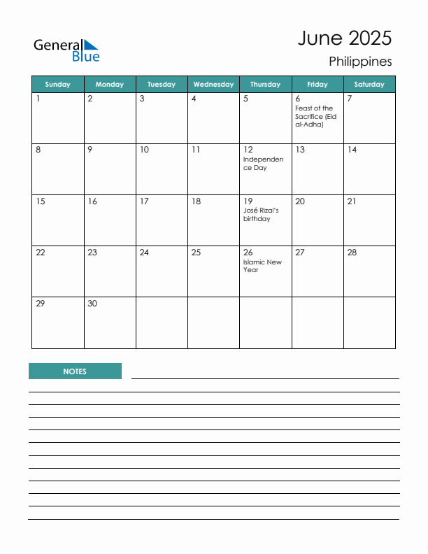 Calendar with Notes Printable - Sunday Start