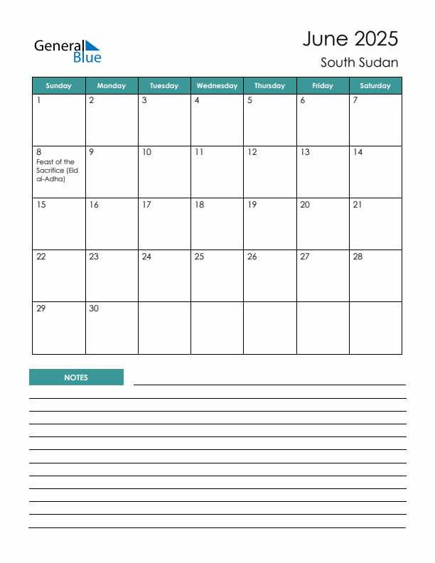 Calendar with Notes Printable - Sunday Start