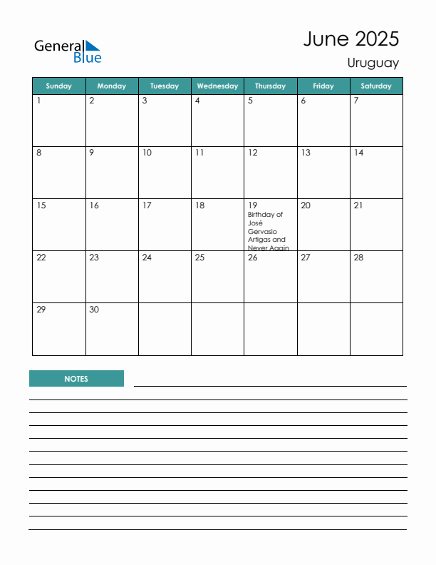 Calendar with Notes Printable - Sunday Start