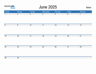 Current month calendar with Belize holidays for June 2025