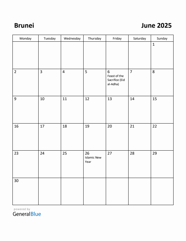 June 2025 Calendar with Brunei Holidays