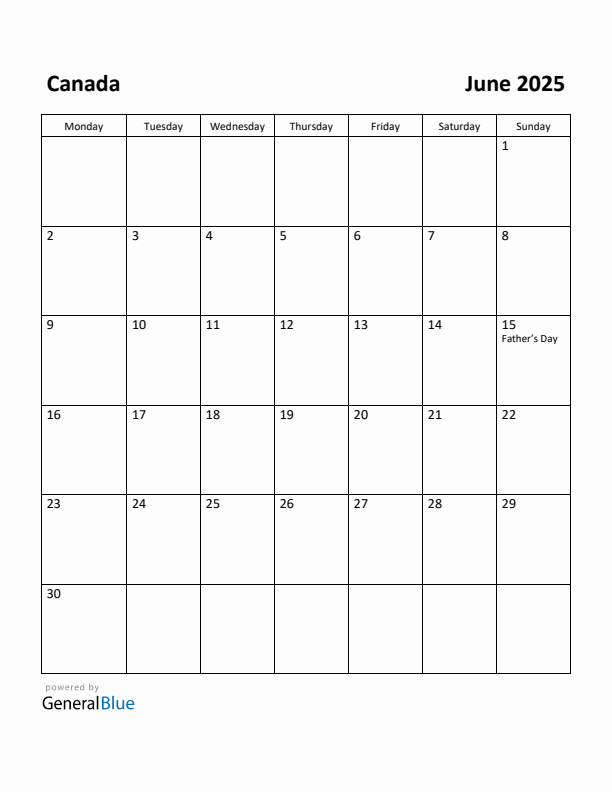 June 2025 Calendar with Canada Holidays