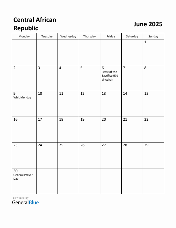 June 2025 Calendar with Central African Republic Holidays