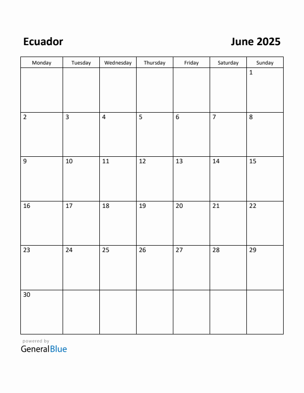 June 2025 Calendar with Ecuador Holidays