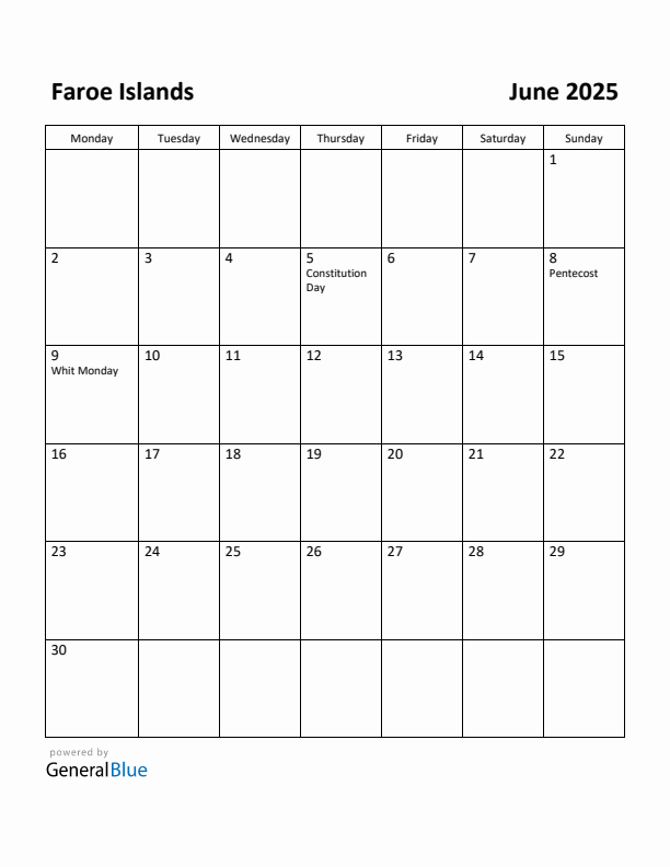 June 2025 Calendar with Faroe Islands Holidays