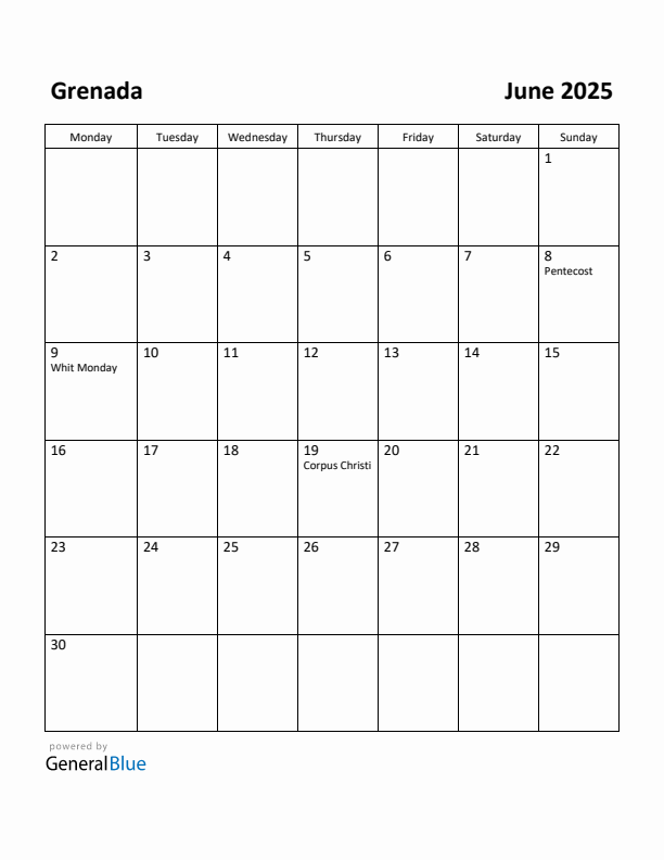 June 2025 Calendar with Grenada Holidays