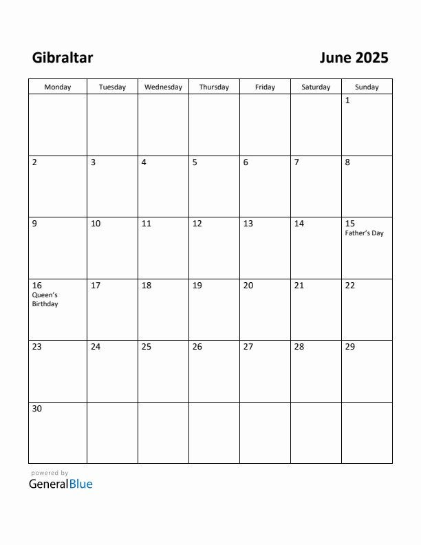 June 2025 Calendar with Gibraltar Holidays