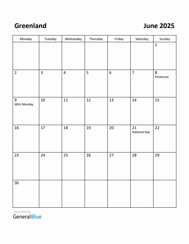 June 2025 Calendar with Greenland Holidays