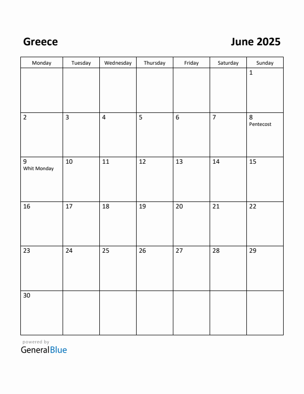 June 2025 Calendar with Greece Holidays