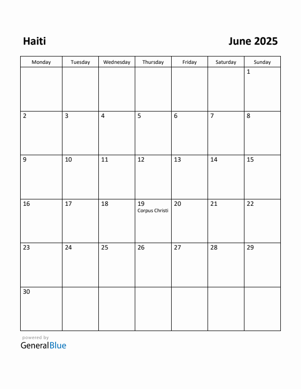 June 2025 Calendar with Haiti Holidays