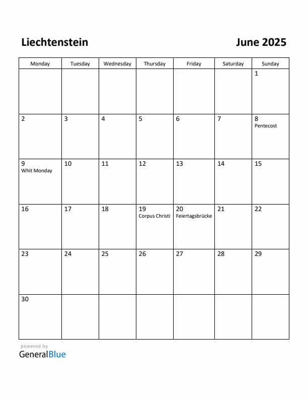 June 2025 Calendar with Liechtenstein Holidays