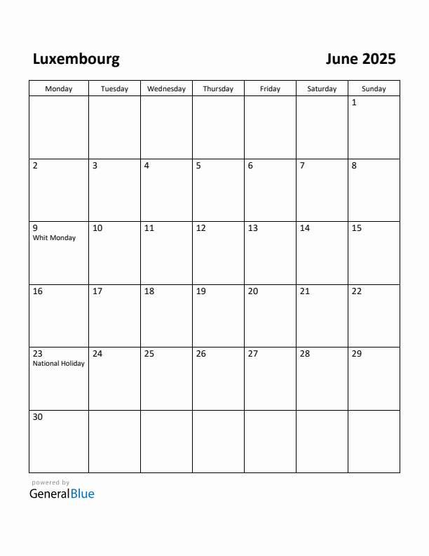 June 2025 Calendar with Luxembourg Holidays