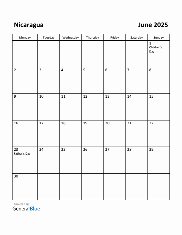 June 2025 Calendar with Nicaragua Holidays