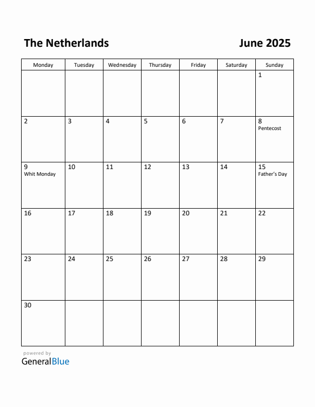 June 2025 Calendar with The Netherlands Holidays