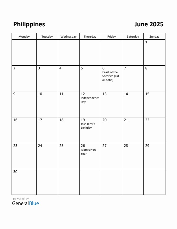 June 2025 Calendar with Philippines Holidays