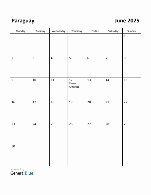 June 2025 Calendar with Paraguay Holidays