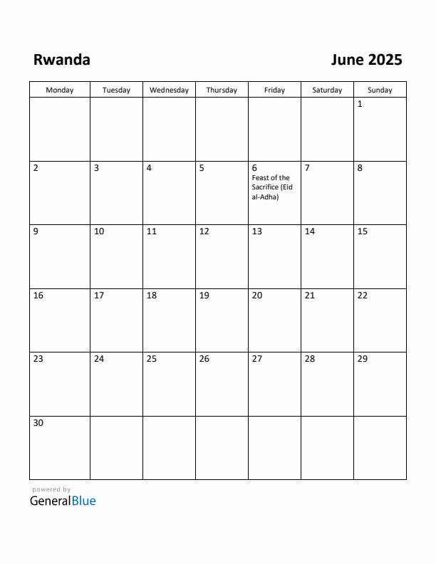 June 2025 Calendar with Rwanda Holidays