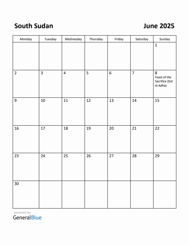 June 2025 Calendar with South Sudan Holidays