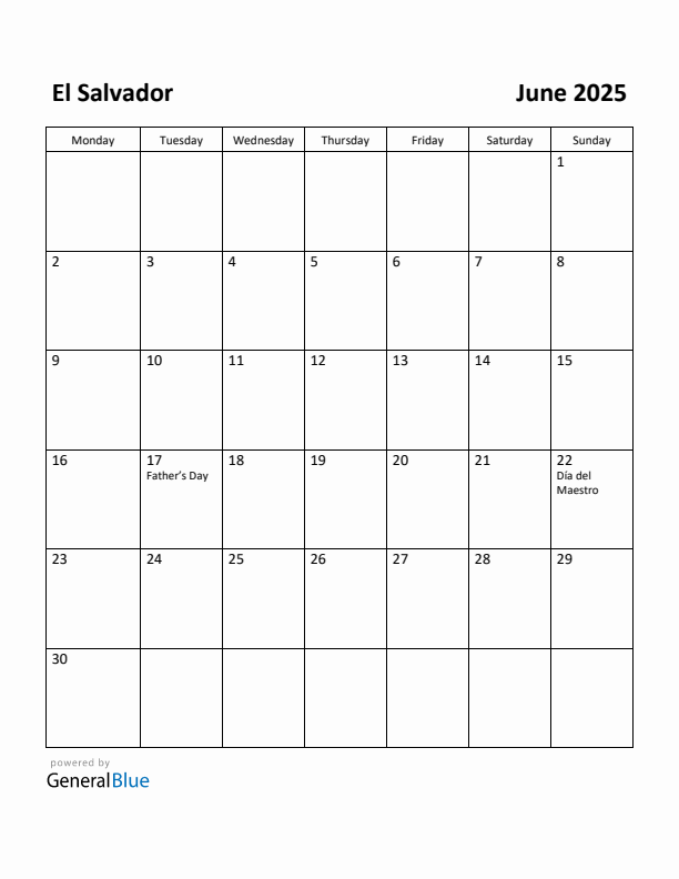 June 2025 Calendar with El Salvador Holidays