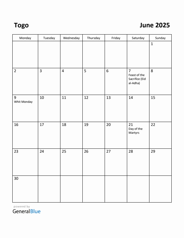 June 2025 Calendar with Togo Holidays