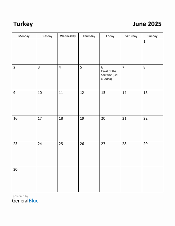 June 2025 Calendar with Turkey Holidays