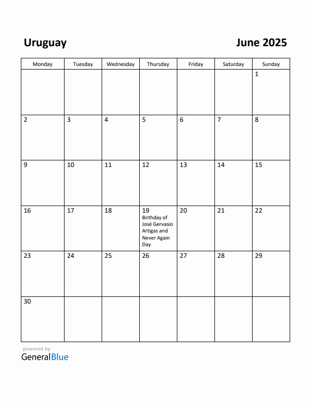 June 2025 Calendar with Uruguay Holidays