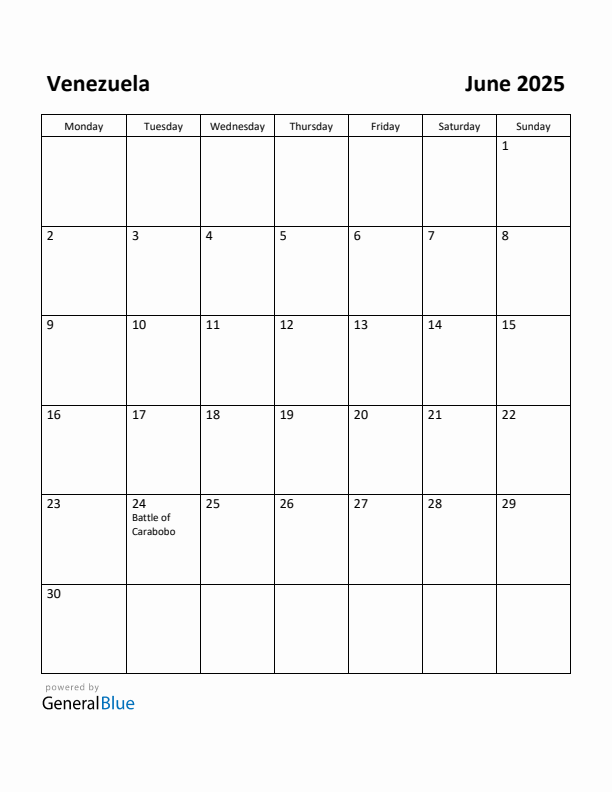 June 2025 Calendar with Venezuela Holidays