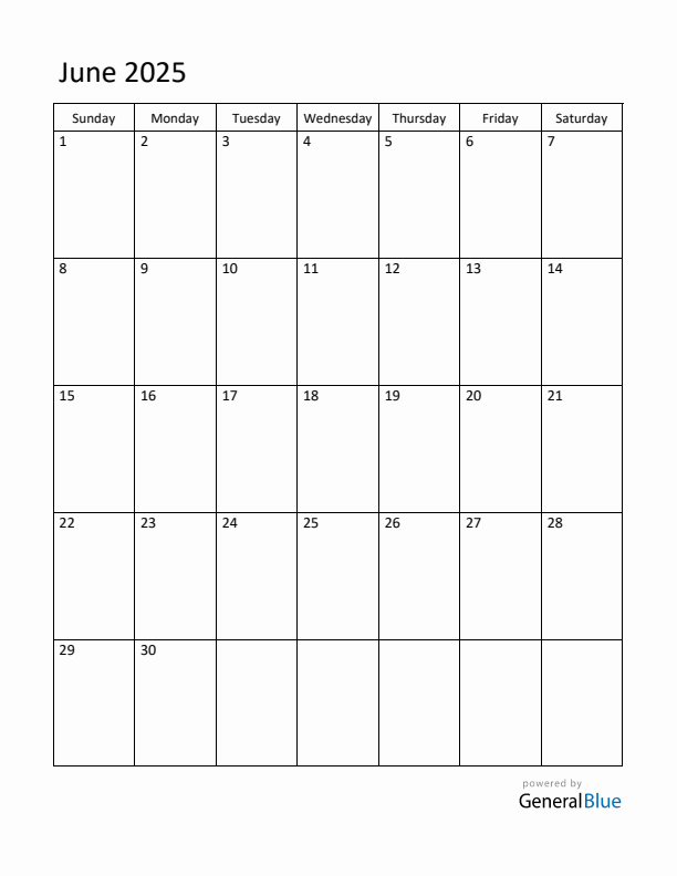 Sunday Start Calendar for June 2025